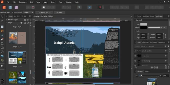 Screenshot of a Mountains Magazine resort profile page being designed in Affinity Publisher