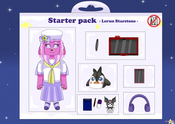 A drawing of a big light-lavender doll box. It has:
- A doll of a pink hybrid bunny/alpaca in a white beret with a yellow star pack on a lavender bow on it, wearing a white/lavender sailor outfit, has a lavender-colored eyes
- A screen graphic tablet in a red case and a pen for it
- A penguin orb plush
- A blue sketchbook with pencil and sitting Kuromi (a white rabbit wearing a black jester hat with a pink skull drawing on it) figurine
- A big purple headphones

Text:
Starter pack - Lerun Starstone -