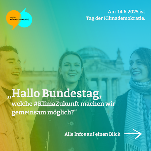 SharePic: Drei lächelnde Menschen vor dem Bundestagsgebäude mit dem Text: 
Am 14.6.2025 ist Tag der Klimademokratie
Hallo Bundestag, welche KlimaZukunft machen wir gemeinsam möglich? Alle Infos auf einen Blick.