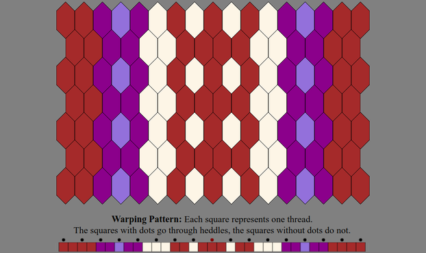 An Inkle weaving diagram and warping pattern in the color sequence listed in the text description: The warping pattern is a line of colored boxes with small dots above every other one, above which it states: "Warping Pattern: Each square represents one thread. The squares with dots go through heddles, the squares without dots do not." The weaving diagram is a series of tessellated lozenge shaped tiles illustrating how the pattern will appear when woven.