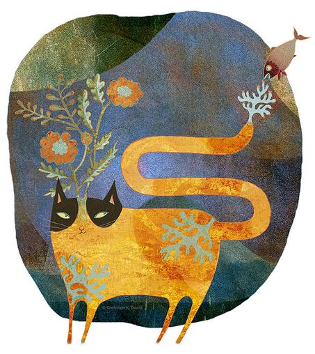 A cat stands very still, slyly glancing at the tip of its tail, where a hopeful fish has come for a nibble. On the tip of its tail grows a bit of tasty-looking vegetation. Its orange body has seaweed shaped patterns. From the top of the kitties head, branching flowers of green and orange blossom and sway, enticing the unwary to come closer. NOTE: This description created especially for my lovely blind friend, Georgiana. :-)