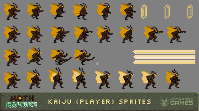 A spritesheet of a moth kaiju walking, punching, kicking and firing a laser.