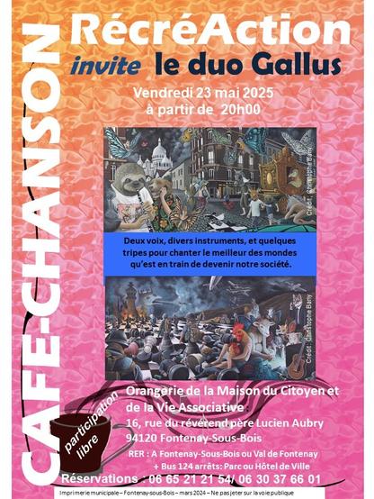 Nous sommes en concert le 23 mai 2025, à partir de 20h, à l’Orangerie de la Maison du Citoyen, située à Fontenay-sous-Bois, au 16, rue du révérend Père Lucien Aubry. Cet événement est organisé par le magazine RécréAction. L’entrée est libre, mais la réservation conseillée, au 06 65 21 21 54 ou au 07 81 87 33 18.

Vous venez ? 🙂 🎶 

#musique #art #concert #fontenaysousbois #poésie #chanson #blues #folk #folkmusic