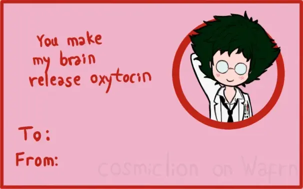 Valentines Day card featuring Othello from Black Butler. It is light pink with a red border and red font. It has a red circle on the right side with Othello drawn in chibi style inside, rubbing the back of his neck with a bashful expression. On the left side it says "You make my brain release oxytocin" and below it says "To:" and "From:"