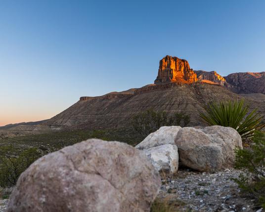 The sunrise illuminates a desert cliff. Large rocks and desert plants fill the foreground.