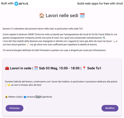 This is the front page of the application, the header is a description of the activity, followed by a list of appointments and tasks. Each task has a date, time and a manager. People can sign up with their name and email.