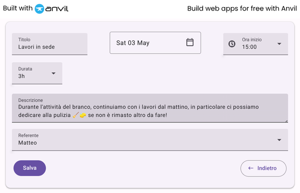 This is the edit form for an event, with date, time, duration, description and manager.