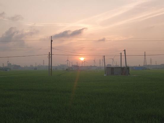 Soleil couchant sur l'horizon devant des silhouettes d'éoliennes et des rizières vertes piquées de quelques poteaux électriques simples ; leurs fils traversent la photo de part en part. Il y a quelques nuages dans le ciel.