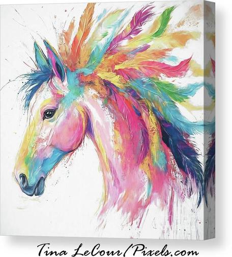 This is canvas of a color pony with feathers in the mane done in rainbow colors against a white background.