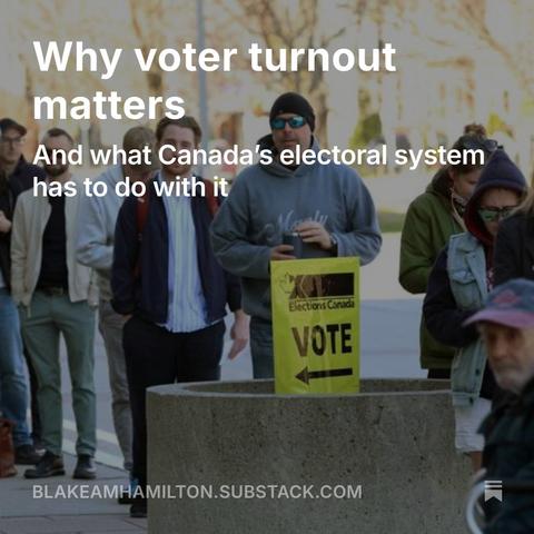 This image features a lineup of people waiting to vote outside a polling station, with a yellow Elections Canada sign marked “VOTE” in the foreground. The text overlaid reads:

Why voter turnout matters
And what Canada’s electoral system has to do with it
blakeamhamilton.substack.com