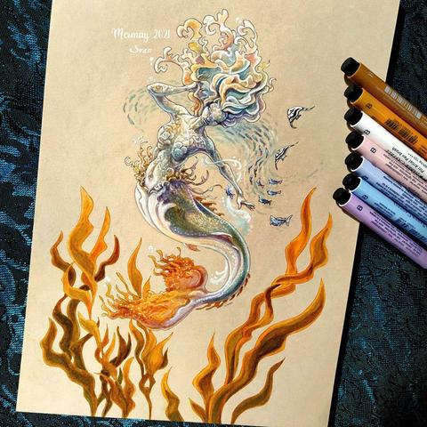 Mermay 2021
A mermaid chill gracefully above long sea weeds.