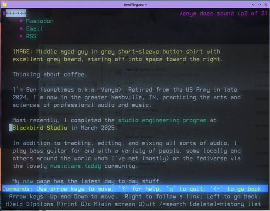 screen shot of a text mode rendering of the web page at venya.soundslike.pro using the venerable Lynx browser inside the CoolRetroTerm emulator, which makes the text look a little fuzzy and glitchy and, well, retro.