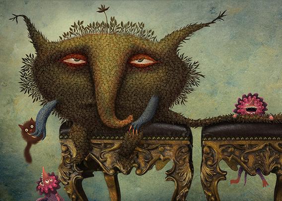An olive shaped, leaf covered creature sits sedately on a couple of baroque stools, while his four beloved pets play around him. Happy-go-lucky purple beasties with a layered pink mane frolic and tumble into trouble. Their avid curiosity and willingness to bite any and all things with their rows of tiny sharp teeth, suggest chaos may be just around the corner, as one thinks his owners tail looks downright tasty. NOTE: This description created especially for my lovely blind friend, Georgiana. :-)