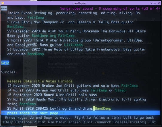Another screen shot of a text mode rendering of a web page. The tabled text information displays without any indication of spacing or columns or delineation between cells; it is not great.