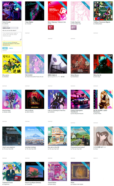 Screenshot of 24 album covers in a Bandcamp collection. Featuring artists like Saury, L'Avenue, JESSY MACH, Beach Bunny, Rumkicks and more.
