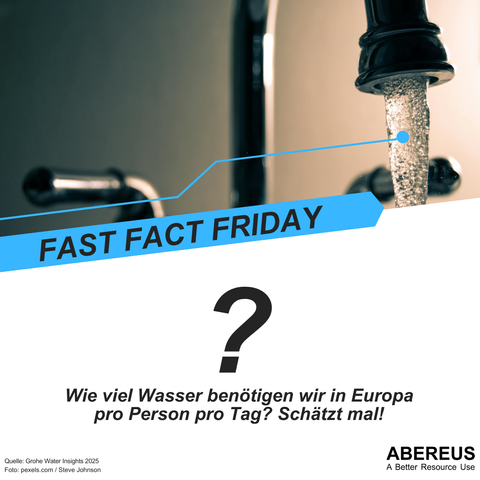 In der oberen Hälfte des Bildes ist eine ganz nahe Aufnahme eines laufenden Wasserhahns, der im Gegenlicht steht.
Darunter ist der Text "Fast Fact Friday", ein großes "?" und der Text "Wie viel Wasser benötigen wir in Europa pro Person pro Tag? Schätzt mal!" Ganz unten befindet sich auch noch das Logo von ABEREUS.
