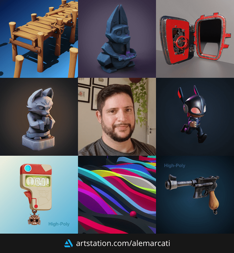 A mosaic composed of 9 different images. In the center, a portrait photograph of the artist (Alexandre Marcati), surrounded by 8 3D images created by himself: some stylized docks, a stylized dog statue, a stylized bunker door, a stylized cat priest statue, a game character, a stylized gadget, an abstract render of a sphere rolling over some colorful wavy shapes and a stylized handgun.