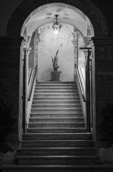Black and white photo of and old stone staircase under an archway. A light shines from a fixture above and a plant stands at the top of the stiars. Natural light shines in from the right.
