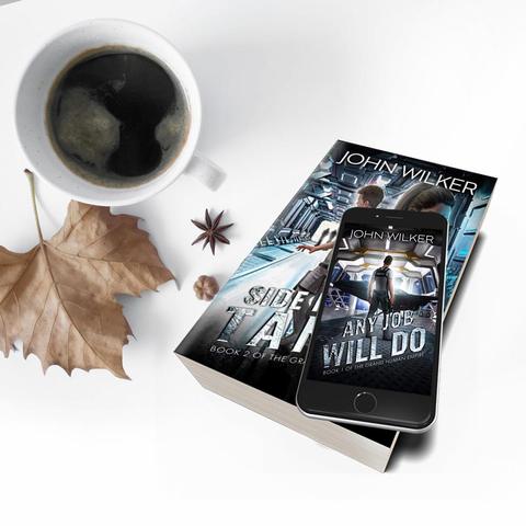 The image features a white surface with a cup of black coffee on the left, a dried brown leaf, an acorn, and an anise star. In the center, there is a book titled "SIDE HUSTLE TANGO” by John Wilker, identified as "Book 2 of The Grand Human Empire." The book's cover shows a futuristic setting with two characters. To the right, a smartphone displays the cover of "ANY JOB WILL DO," also by John Wilker, which is "Book 1 of The Grand Human Empire." The smartphone's screen shows a similar futuristic scene with a character standing in a corridor. The overall composition suggests a cozy reading setup.

Provided by @altbot, generated privately and locally using Ovis2-8B

🌱 Energy used: 0.148 Wh