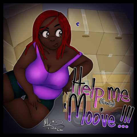 an image of my selfsona sitting among a bunch of boxes, the words 'help me finally move out" is below