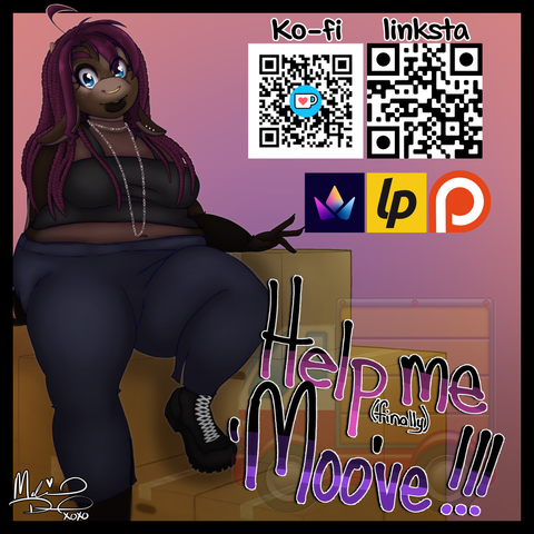an image of my fursona sitting among a bunch of boxes, the words 'help me finally move out" is below 

along there is some qr codes for ko-fi and linksta
along with logos for throne, librepay and patreon respectively
