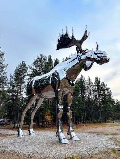 This image features a large, reflective sculpture of a moose. The sculpture is metallic, likely made of stainless steel or chrome, which gives it a shiny, mirror-like finish. It is set against a backdrop of trees and a partly cloudy sky, and there's a gravel surface around its base. The sculpture is quite detailed, capturing the distinct body shape and antlers characteristic of a moose.