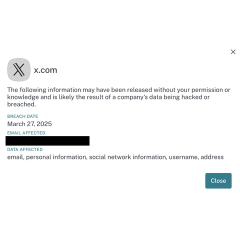 A popup alert inside Dashlane that reads "the following information may have been released without your permission or knowledge and is likely the result of a company's data being hacked or breached." The breach date is "March 27, 2025" and the data affected is "email, personal information, social network information, username, address"