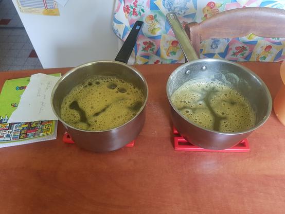 Photo de deux casseroles rempli de solutions jaune qui font des bulles