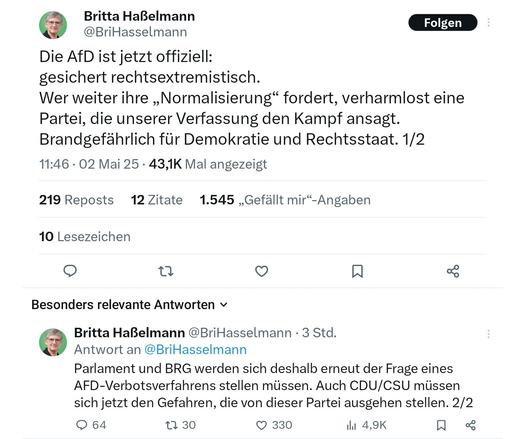 Britta hasselmann die AFD ist jetzt gesichert rechtsextremistisch sie bedroht Demokratie und Rechtsstaat....