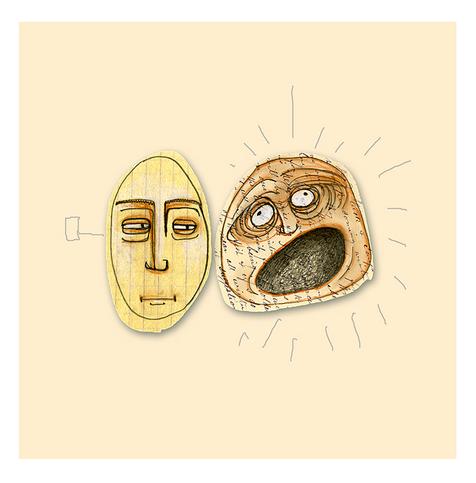 Free-form, hand drawn, linear faces of an exaggerated  expressions. The faces is drawn in pencil onto pieces of aged paper and maps, with white highlights. NOTE: This description is created especially for my lovely blind friend, Georgiana. :-)