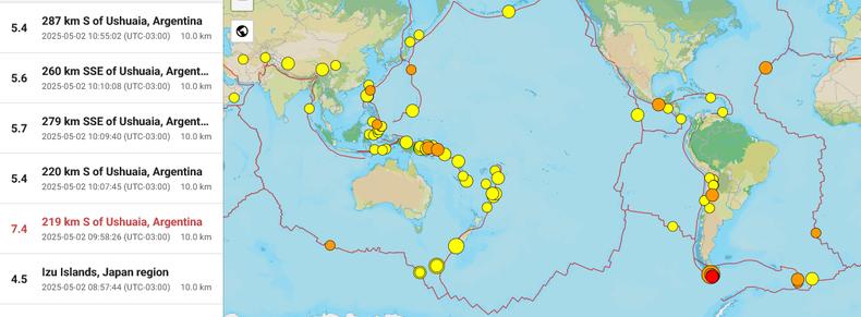 Screenshot of recent earthquakes recorded by USGS. https://earthquake.usgs.gov/earthquakes/map/?extent=-75.14078,-310.42969&extent=65.36684,51.67969&range=week&magnitude=4.5&baseLayer=terrain
