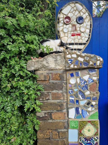 A black and white cat sleeps on the end of a garden wall, separating two properties. On the left is a green hedge. The right half of the wall is covered in blue mosaic fragments (broken plates etc.) with a very simple mosaic face on top. A blue fence runs to the right. It is the House of Dreams, a permanent art project in London, UK.