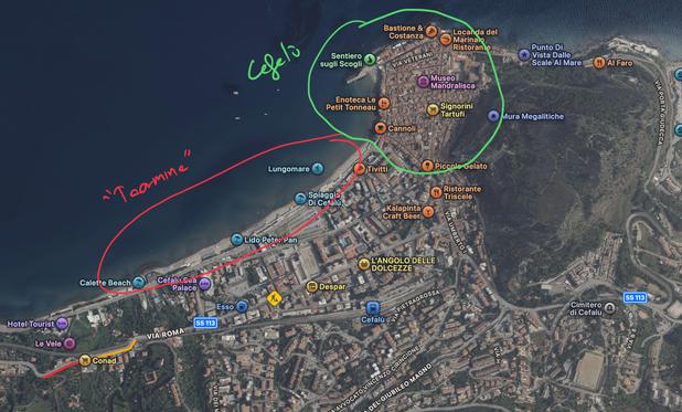 Mapa de Cefalù señalando la parte que es Cefalù en #TheWhiteLotus y la parte que representa que es Taormina.
