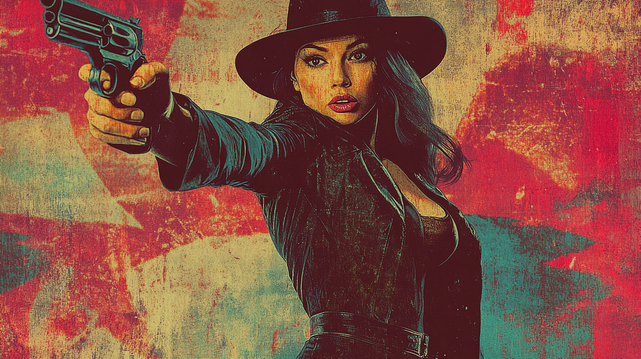 Visée Fatale.
Illustration rétro façon affiche de film, montrant une femme armée en pleine action, dans un style pulp sur fond texturé.
Retro-style movie poster illustration of an armed woman in action, with a pulp aesthetic on a textured background.