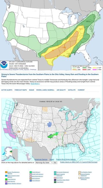 Strong to Severe Thunderstorms from the Southern Plains to the Ohio Valley; Heavy Rain and Flooding in the Southern Plains
Severe thunderstorms are expected from central Texas to middle Tennessee and Kentucky this afternoon into tonight. Large hail and damaging winds are the main threats. Heavy to excessive rainfall may produce areas of flooding today and tonight from central Texas into the lower Mississippi Valley.