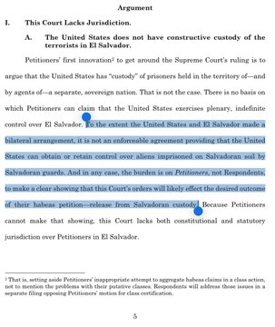 A page of legal text discussing jurisdiction issues related to the United States and El Salvador, focusing on custody of detainees and the lack of constructive custody by the U.S. over individuals held in El Salvador. Key points are highlighted in blue for emphasis.