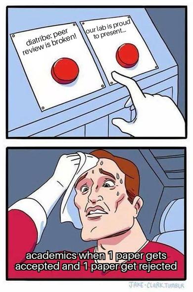 A meme featuring the "two buttons" format. In the top panel, a hand hovers hesitantly between two red buttons. One button is labeled "diatribe: peer review is broken!" and the other "our lab is proud to present...". In the bottom panel, a distressed man in a superhero outfit wipes sweat from his forehead, clearly anxious. The caption reads: "academics when 1 paper gets accepted and 1 paper get rejected". The meme highlights the conflicting emotions researchers face when dealing with peer review outcomes.