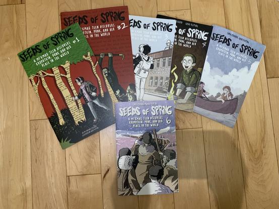 6 comic books spread out on a wooden floor. The books a titles: Seeds of Spring, Books 1 to 6.