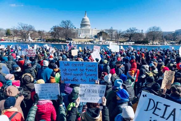 A large crowd gathers by a reflecting pool, holding various protest signs, with the U.S. Capitol building in the background.