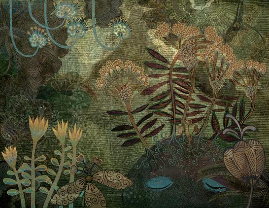 Against a background of swirling greens and golds, silhouettes of abundant flowering plant life blooms. The top of an abstract face in the lower right portion of the painting. NOTE: This description created especially for my lovely blind friend, Georgiana. :-)
