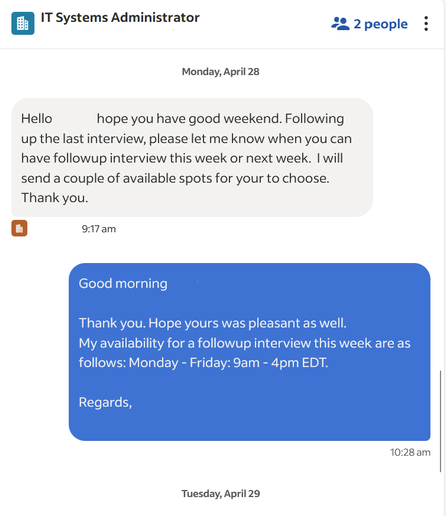 Screenshot of a job interview I had with a recruiter that is now ghosting me after having one interview. The trend is today's job market.