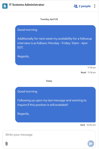 Screenshot of a job interview I had with a recruiter that is now ghosting me after having one interview. The trend is today's job market.