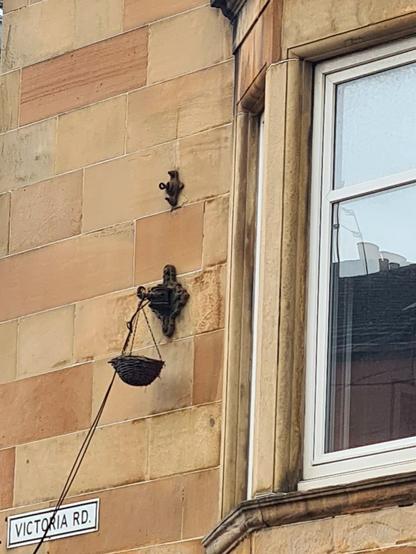 A hanging basket suspended from a disused tram rosette on a Glasgow tenement.