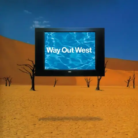 The cover art for the self-titled album by Way Out West.

The cover is a desert scene, with cracked, dry sandy coloured earth, some sparse dead-looking trees and a large sand dune behind the trees. The sky is a deep blue and mostly clear with only one wispy white cloud.

At the centre of the image is a large black TV showing the band/album name in white over an image of rippling water. The TV is seemingly floating in the air, as there's a shadow a little way below it.