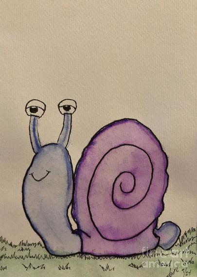 A whimsical scene of a cute blue and purple snail going about their day.