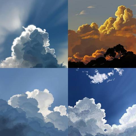 4 different pictures of clouds studies in digital art with different techniques and brushes