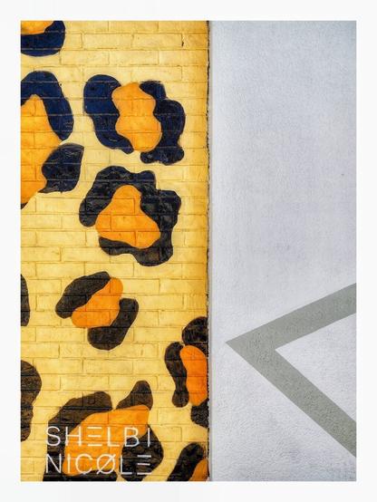 A color photo showing a cropped view of a building wall. There is a leopard pattern on the left, and a grey triangle on a white background on the right. Framed in white.