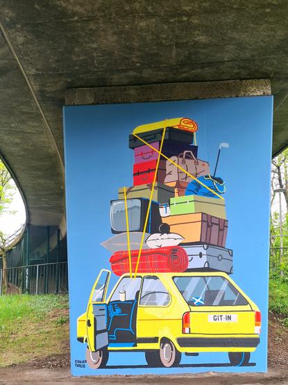 A mural of a small car with a huge pile of luggage strapped to its roof.