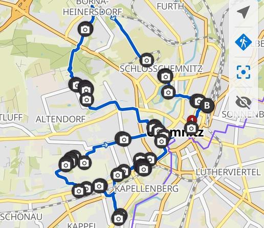 Eine Karte mit eingezeichneter blauer Tour