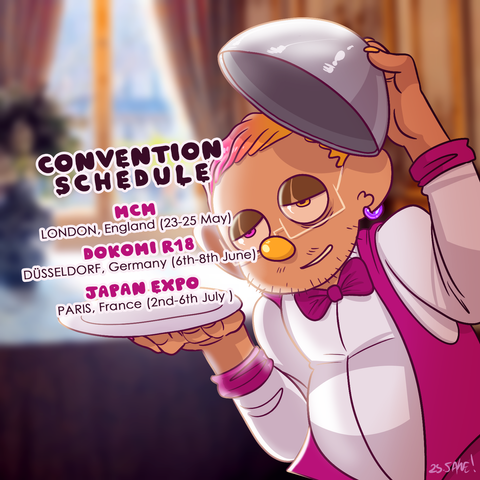 Drawinh of my fursona showing off my convention dates!
- MCM, LONDON, England (23-25 May 2025)
- Dokomi R18, DÜSSELDORF, Germany (6th-8th June 2025)
- Japan Expo, PARIS, France (2nd-6th July 2025)